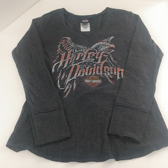 Harley Davidson Motorcycle Women's Long Sleeve Shirt size S Gray and Orange Gems - Picture 1 of 12